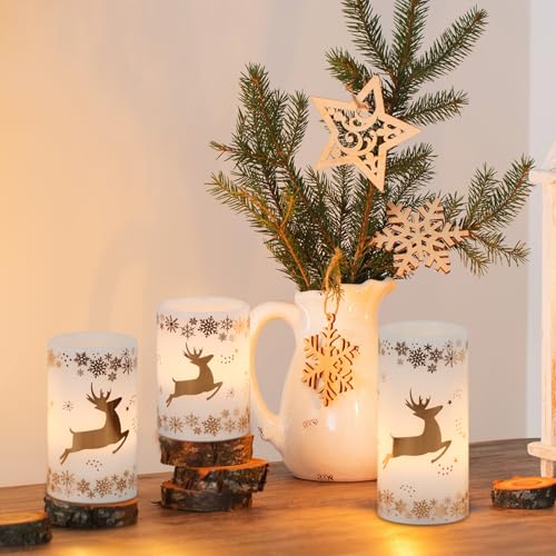 Image of GenSwin Christmas Flameless LED Flickering Candles, Real Wax, Gold Deer, 3 Pack Pillar Fake Candles for Winter Indoor Fireplace Decor (D3' x H4'5'6')