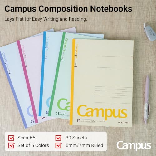 KOKUYO Composition Notebooks, 5 Pack Campus Semi-B5 Comp Book with B 6mm Ruled, 30 Sheets, Classic School Lined Notebook, Journal Notebook for Women Work Study Note Taking (NO-3CBNx5)