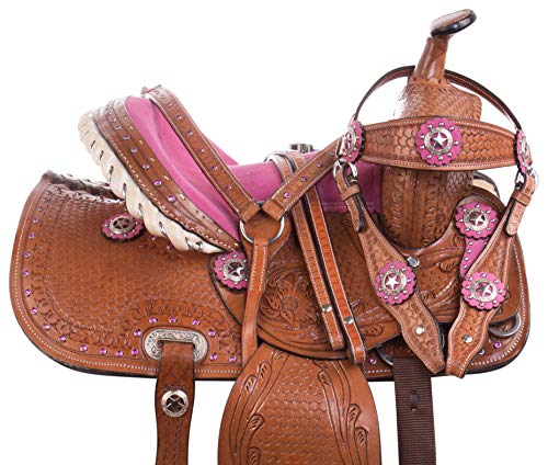 Acerugs 10” 12” 13” 14  Children Hand Tooled Western Leather Barrel Racing Rodeo Show Crystal Youth Kids Horse Pony Saddle TACK Set Bridle REINS Breastplate (Pink, 14)