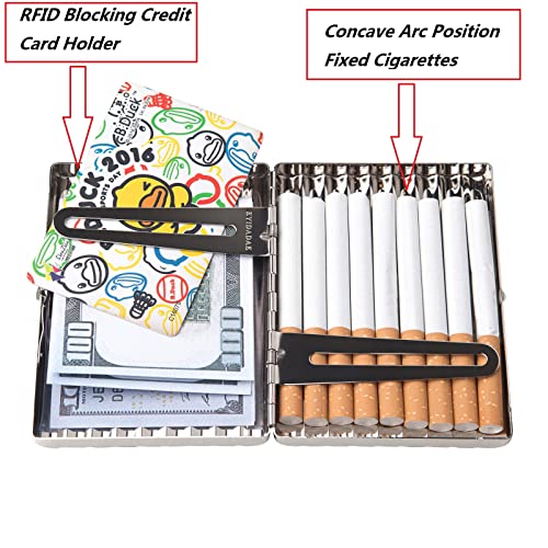 Image of Retro Metal Cigarette Case - Portable Pocket Box for Women and Men, Double Sided Spring Clip Open, Holds 18 Regular Size 100mm Cigarettes (Silver)