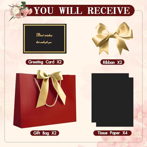 Image of JMANNI Gift Bags with Handles, 13 inch Medium Mothers Day Gift Bag for Presents, 2 Pcs Bags with 4 Tissue Paper and 2 Cards for Baby Shower Wedding Bridal Shower Mother's Day Birthday Party (red)