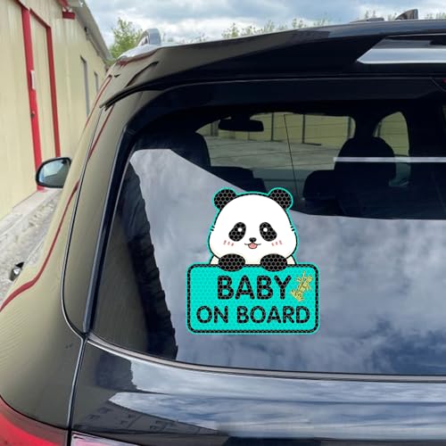 Image of 2PCS Panda Baby On Board Sticker for Cars, Cute Highly Reflective Kids in Car Sticker Sign for Car Window Bumper Truck Auto Warning Decals (Mint Green)