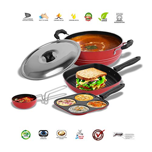 Image of Sumeet 2.6mm Thick Non-Stick Ruz Cookware set (Mini Multi Snack Maker - 19.5cm Dia + Kadhai with Lid - 1.5Ltr capacity- 20cm Dia + Grill Pan - 1.1Ltr Capacity - 22cm Dia + Tadka pan - 10cm Dia)