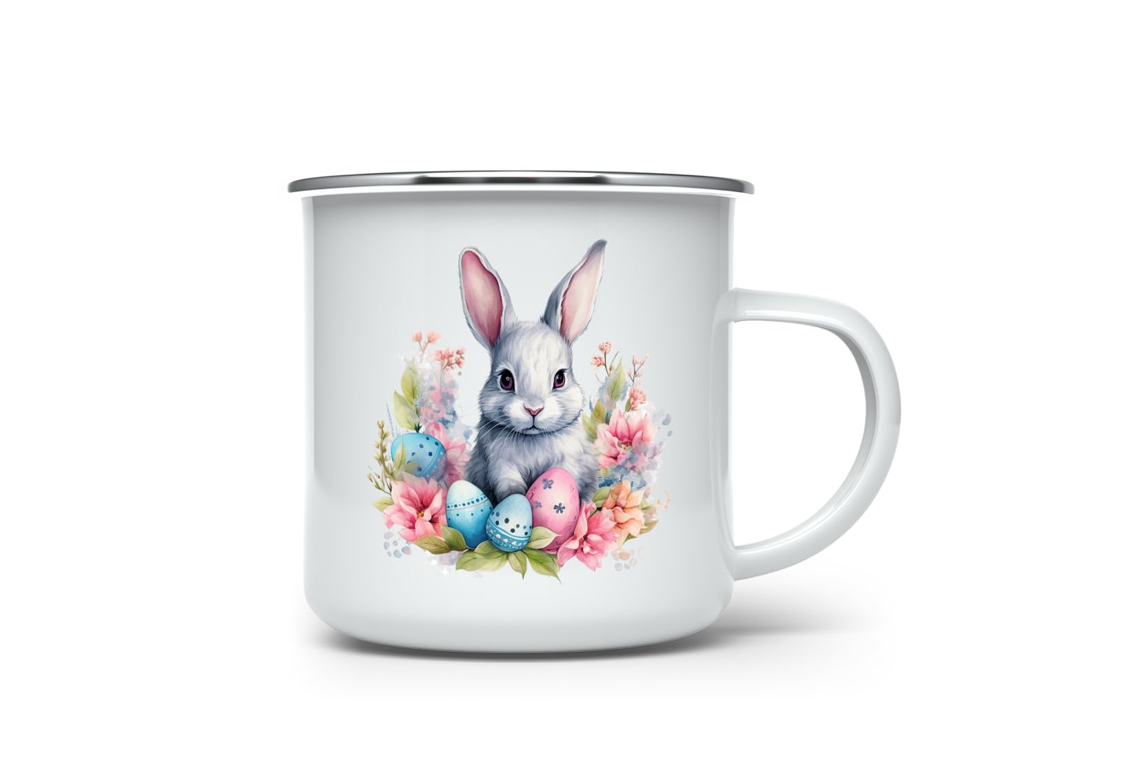 MAXIKIWI - Durable Enamel Coffee or Tea Camping Mug for Indoor Outdoor Use - Easter Bunny Watercolor - 350ml