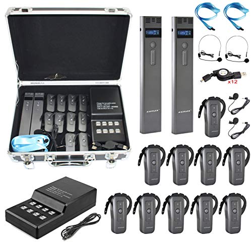 EXMAX EXD-6688 Sistema de Transmisión de Voz de Audio Inalámbrico 2.4Ghz Portátil con 2 Transmisores, 10 Receptores y Base de Carga USB de 16 Puertos con Estuche Negro miniatura 1