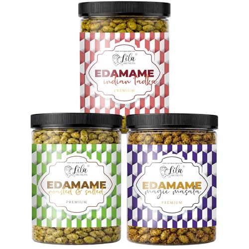 Image of LILA DRY FRUITS Edamame Beans Combo Pack 100 g x 3 Indian Tadka, Magic Masala & Roasted Salted | Crunchy Roasted Edma Beans Protein Snack | Healthy Namkeen Alternative Perfect for Gifting (300 gms)