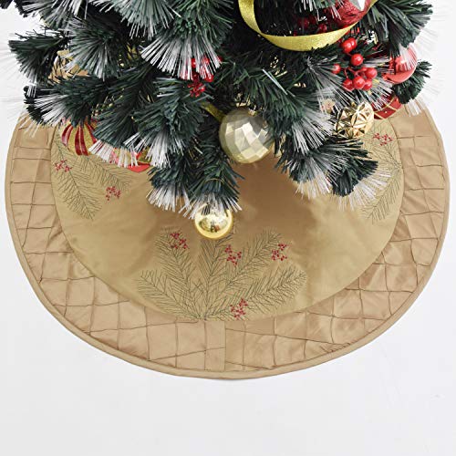 Gireshome Gold Faux Silk Deluxe Berry Embroidered Center, Handcraft Pintuck Border, Christmas Tree Skirt,Xmas Christmas Holiday Party Decorations-50inch