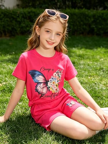 Image of 7-14Y Tween Girl Clothes 2 Piece Short Sleeve Tie Dye Heart Print Top and Shorts Teen Girl Summer Outfits Short Set