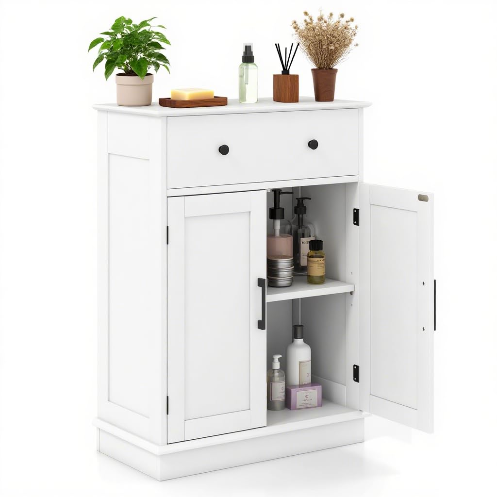 LIFEZEAL Armoire de Salle de Bain autoportante avec 2 tiroirs et Portes, Armoire de Salle de Bain avec étagère réglable, Meuble de Sol pour Salle de Bain, Salon, Cuisine (Blanc)