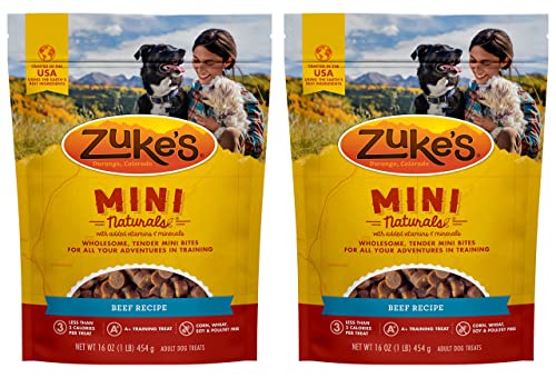 Zuke’s Mini Naturals Adult Dog Treats, Beef Recipe with Added Vitamins & Minerals, A+ Dog Training Treat, Less Than 3 Calories Per Treat, 16 OZ (Pack of 2)