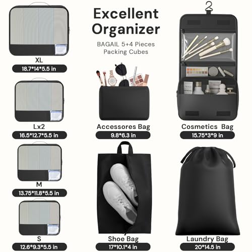 Image of BAGAIL 9 Set Packing Cubes with Packing List Luggage Packing Organizers for Travel Accessories (Black)