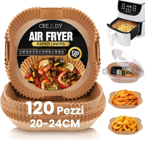 CREADY® Carta Forno per Friggitrice ad Aria Extra Spessa Premium 120 Pezzi[20CM] | accessori friggitrice ad aria | carta per friggitrice ad aria | contenitori per friggitrice ad aria