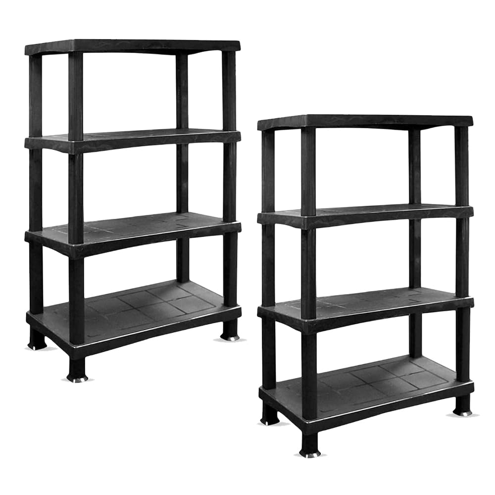 PD - 4 Tier Plastic Shelving Unit - Heavy Duty Freestanding Storage Rack for Garage, Shed, Home or Utility Room - Sturdy & Easy to Assemble Rack for Tools & Boxes (2x Black, 4 Tier)