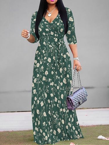 Image of SUZONANA Plus Size Dresses for Women Floral Print Maxi Dress Flowy 3 /4 Sleeve with Belt