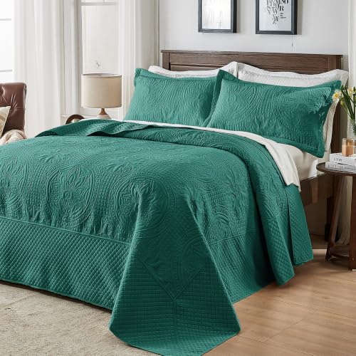 Image of Qucover Queen Bedspread Medallion Pattern Quilt Bedding Set 3 Piece Teal