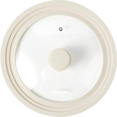 CAROTE Tapa universal para ollas, sartenes y sartenes, vidrio templado con borde de silicona blanca resistente al calor, se adapta a utensilios de