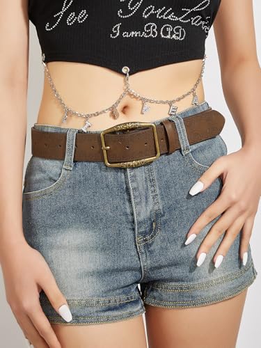 Women Men Western PU Leather Belts Cowboy Cowgirl Y2k Punk Grunge Aesthetic Vintage Buckle Belt Jeans Accessories3