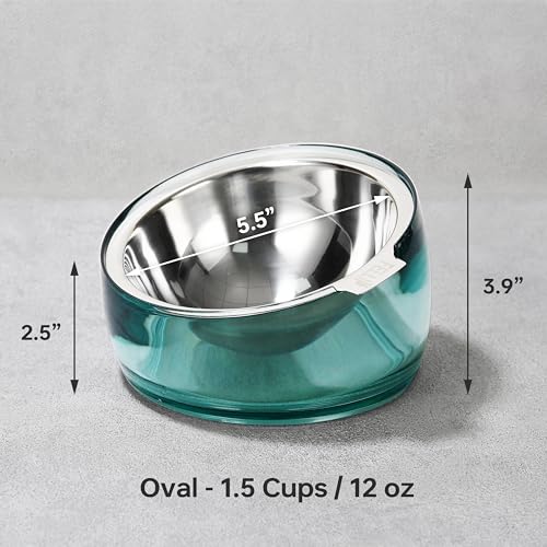 Image of Felli Pet Raised Dog Food Bowl Stainless Steel Slanted Oval Dish Titled for Short Legged Dachshund Bulldog Corgi, No Spill Mess Free, Elevated Acrylic Base Angled Metal Feeder ( 1.5Cups Oval, Classic)