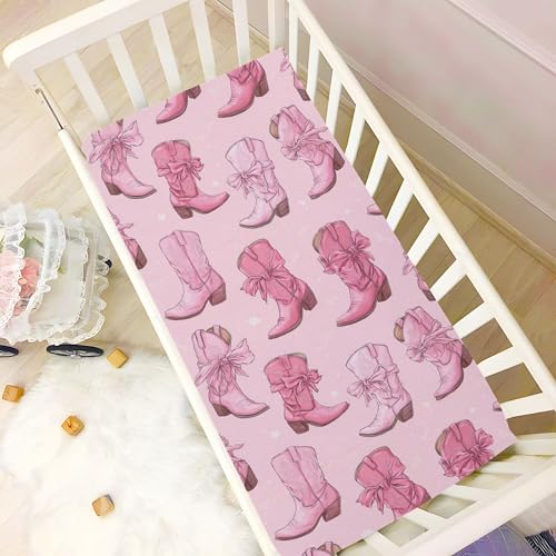 Image of Western Cowgirl Boots Pinks Crib Sheets Soft Breathable Fitted Baby Crib Sheets Mattress Cover for Girls Boys, 52 inch x 28 inch x 9 inch