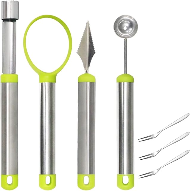 huahuo 4 Pcs Melon Cutter Set, Stainless Steel Fruit Carving Tools Melon Baller Dig Pulp Separator with Fruit Forks Set for Different Fruits (Green)