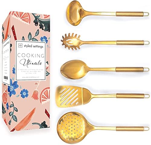 Brass/Gold Cooking Utensils Set for Modern Cooking and Serving - 5 PC Dishwasher Safe Stainless Steel Gold Utensils Set - Gold Serving Spoon, Gold Ladle - Gold Kitchen Utensils for Gold Kitchen