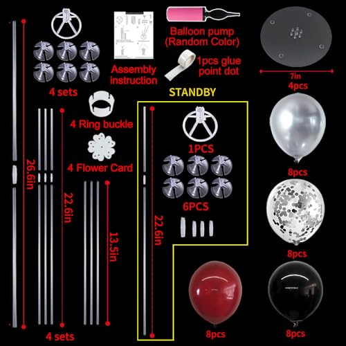 Image of TONIFUL 4 Set Burgundy Red Black Silver Balloon Stand Centerpiece for Table