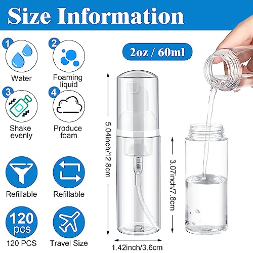 Dandat 120 Pcs Empty Foam Pump Bottles Bulk 2oz/60ml Mini Plastic Refillable Soap Dispenser Bottles for Shampoo Lotion Lash Cleanser Foaming Travel Cleaning Cosmetic2
