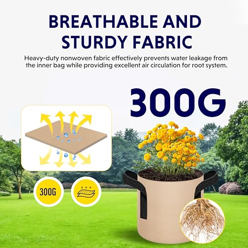 Image of iPower 5 Pack 1 Gallon Tan Grow Bags, Garden Planting Nonwoven Fabric Pots with Reinforced Handle, Heavy Duty and Aeration Planter Pot for Tomato, Fruits, Vegetables and Flowers