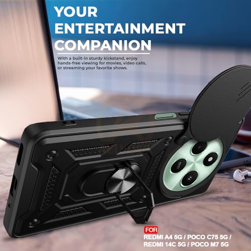 Image of Armor Bumper Back Cover Case for Redmi A4 5G / Redmi 14C 5G / Poco C75 5G / Poco M7 5G Rotating Camera Cover, Ring Holder & Kickstand | Heavy Duty & 360 Degree Protection Back Cover (Black)