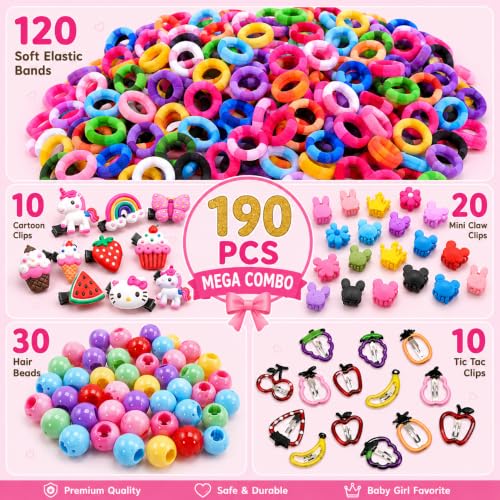 Image of Plutify (190) Pcs Rakshabandhan gift for sister kids Baby Girl Hair Accessories Combo for Kids & Toddlers - 120 Soft Elastic Hair Bands, 10 Cartoon Clips, 20 Mini Claw Clips, 30 Hair Beads ties & 10 Fruit Tic Tac Clips | Cute Multicolor Hair Accessories Set for Girls | (0-5 Years) (Rainbow, Fruity)