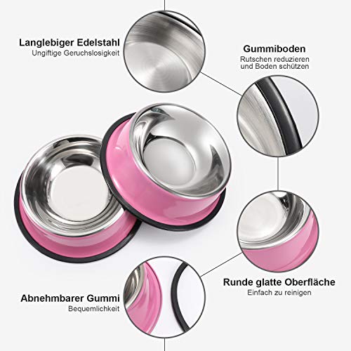 WERFORU 2 Stück Edelstahl Hundenapf für kleine/mittlere/große Hunde-, Katzen-, Tiernahrungs- / Wasserschalen mit Gummibasis Reduzieren Sie das Verschütten,Rosa,M - Image 3