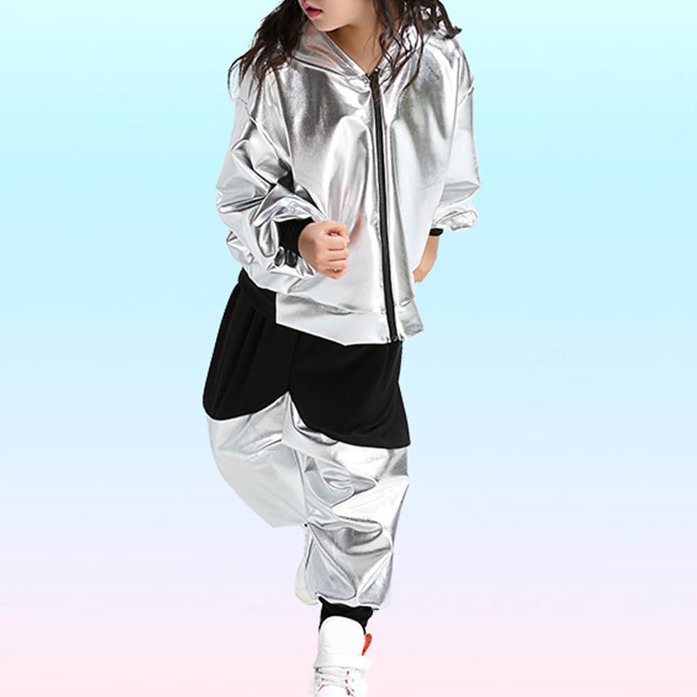 Niñas 2pcs Ropa Hip Hop Traje Niños Street Dance Traje Niños Lentejuelas Moderna Ropa de Jazz Top Pantalones Danza Conjuntos de Trajes (tallas pequeñas)