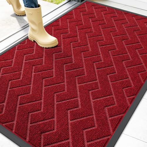 Image of OLANLY Front Door Mat Indoor Outdoor Entrance, Waterproof All-Season, All-Weather Doormat, Sturdy Natural Rubber, Low Profile, Easy Clean Patio Porch Entryway Mat, Herringbone Brick (Wine Red, 47x32)