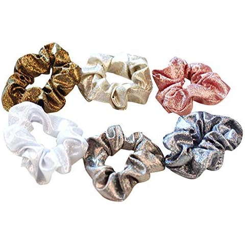 Otyou 6 Pack Metallic Hair Scrunchies Rich Tones Glitter Scrunchy Bobbles Elastic Hair Bands Ties Christmas Hair Accessories Fashion Wrist Band for Women Girls Pony Tails and Buns Cover