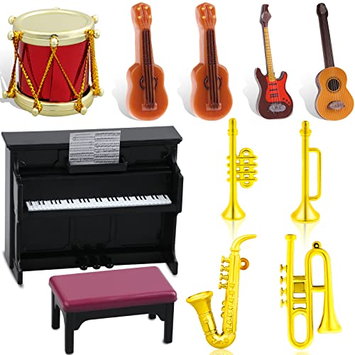 12 Dollhouse Miniature Musical Instrument Set in 1:12 Scale, Mini Dollhouse Accessories Model Includes Violin Piano Trumpet Saxophone Electric Guitar for Dollhouse Mini Music Room