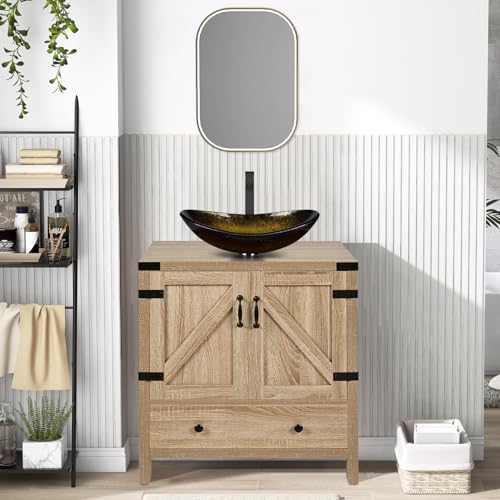 SOLIDEE 28 inch Natural Color Bathroom Vanity, Rustic Fixture Standing Pedestal Cabinet with Gold Boat Vessel Sink