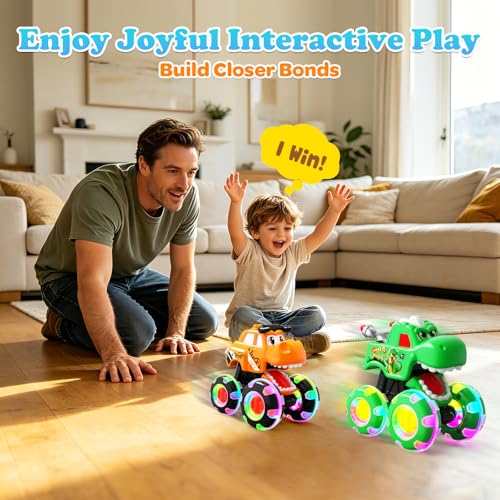 Image of 3 Pack Monster Truck Toys for Toddlers 1-3, Press & Go Cars with Flashing LED Wheels & Moving Mouth, Dinosaur Cars for 2 3 4 One Two Year Old Boy Birthday Gifts