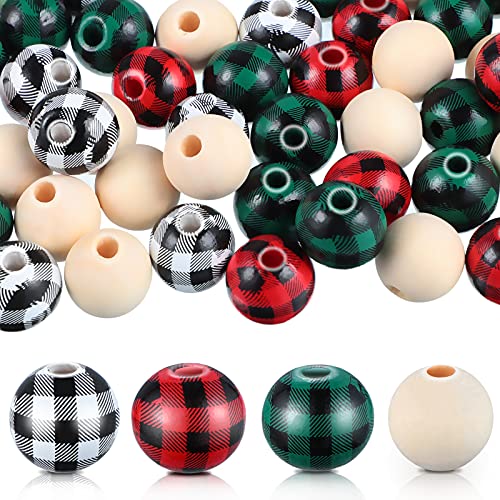 100 Pieces Halloween Wood Beads Buffalo Plaid Beads Plaid Wood Beads Rustic Farmhouse Wood Beads Natural Handmade Wood Round Beads Print Polished Spacer Beads for DIY Crafts Home (Basic Colors)