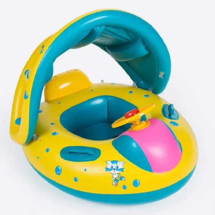 Flotador Bebe, Flotador Bebe con sombrilla, Anillo de Natación Inflable, Barco Hinchable Infantil, niños en Verano disfrutando con su Volante y bocina en su Hinchable. (Amarillo)