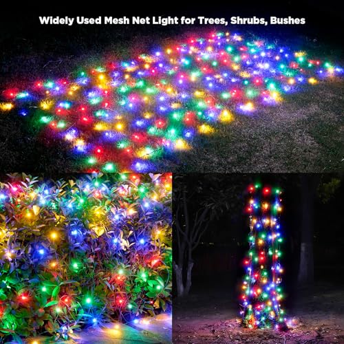 Image of Led Net Lights Christmas Lights Outdoor 200Leds 9ftx6ft Upgraded Multicolor Christmas Net Lighting, Waterproof 5mm LED Wide Angle Outdoor Indoor Mesh Net Light for Trees, Bushes, Shrubs Decorations
