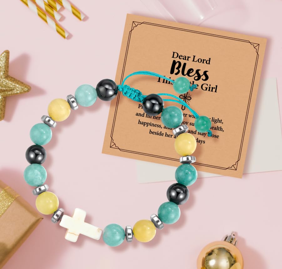 Image of Cross Natural Stone Bracele for girls，Birthday Confirmation First Communion Baptism Gifts for Daughter Granddaughter from Mom Grandmother Matching Jewelry Gift Grade Graduation -52 (Green)