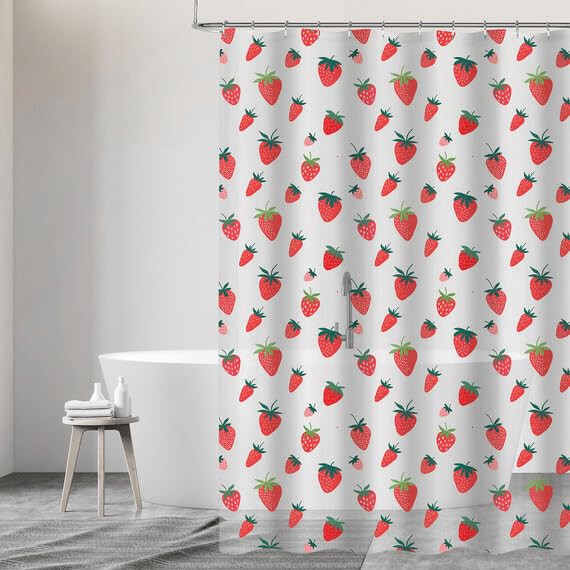 New Strawberry Shower Curtain โ 180x180cm Clear and Red Bathroom Curtain with Vibrant Strawberry Design โ Water-Repellent N-04