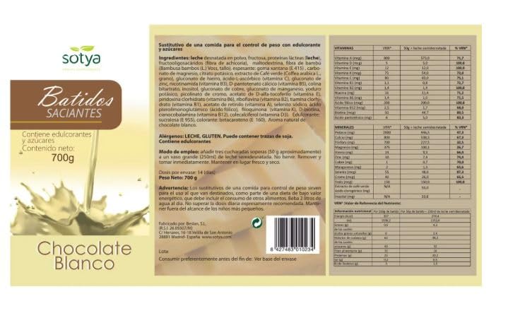 Sotya Pack Batidos Saciantes Chocolate Blanco 700g y Chocolate 600g Sustitutivos de Comida Dieta Hipocalórica Control de Peso Fibra Vitaminas Minerales