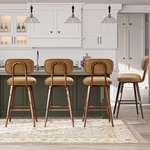 MALOL 26“ Swivel Bar Stools Set of 4, Mid Century PU Leather Counter Height Bar Chairs with Low Back and Metal Legs, Modern Bar Stool Chair for Kitchen Island, Brown