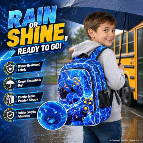 Image of 3Pcs Gamer Backpack for Boy, 17 inch Lightning School Bookbag for Elementary Preschool Kindergarten, Kids School Thunder Backpacks with Lunch Box (Blue)