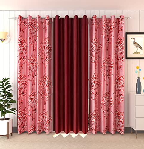 HOME UTSAV Premium 3 Piece Combination Tree Printed and Solid Curtains for Window 5 Feet, Maroon