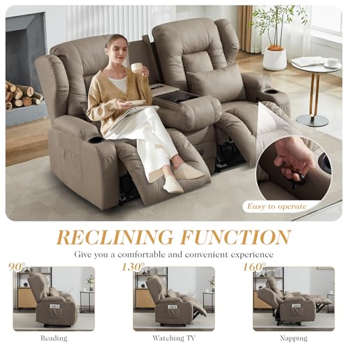 Image of Loveseat Recliner Sofa with Flip-up Console,RV Wall Hugger Recliners for Small Spaces,Reclining Loveseat Sofa Recliner with Cup Holders /Lumbar Pillows,RV Furniture (Khaki, 68 inch 2-Seater)