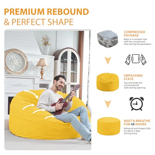 5FT Bean Bag Chair, Large Bean Bag Chairs with Memory Foam Filled, Fluffy Beanbag Sofa with Dutch Velvet Cover, Round BeanBag Chairs for Living Room, Playroom - Lemon