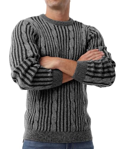 Image of Askdeer Men's Pullover Sweater Cable Knit Casual Crewneck Sweaters Classic Soft Knitted Pullover Tops with Ribbing Edge