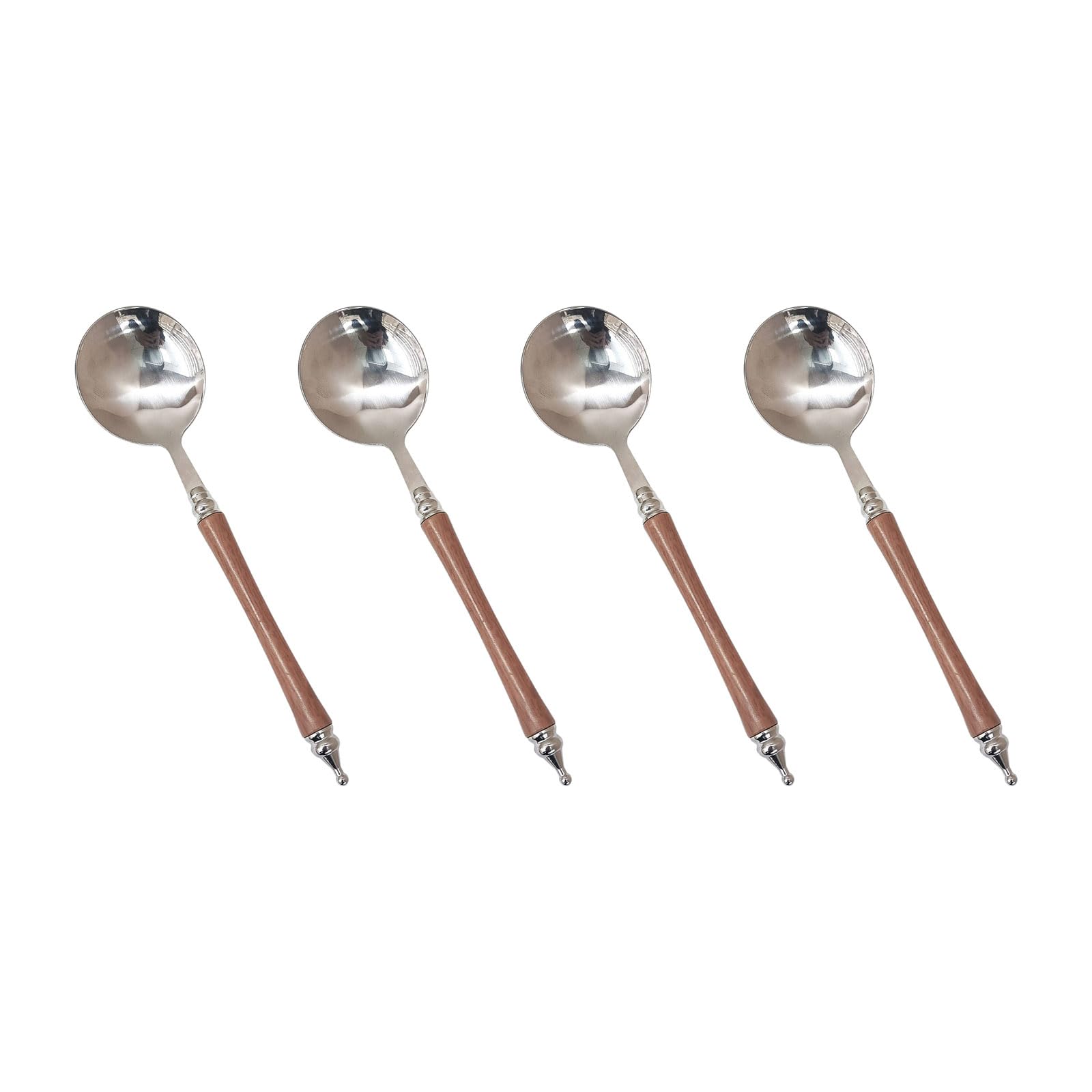 MALSSE Modern Stainless Steels Serving Round Spoons with Polishing Wooden Handle Set of 4 Kitchen Eating Utensils Silverware Stainless Steels Wooden Handle Soup Spoon